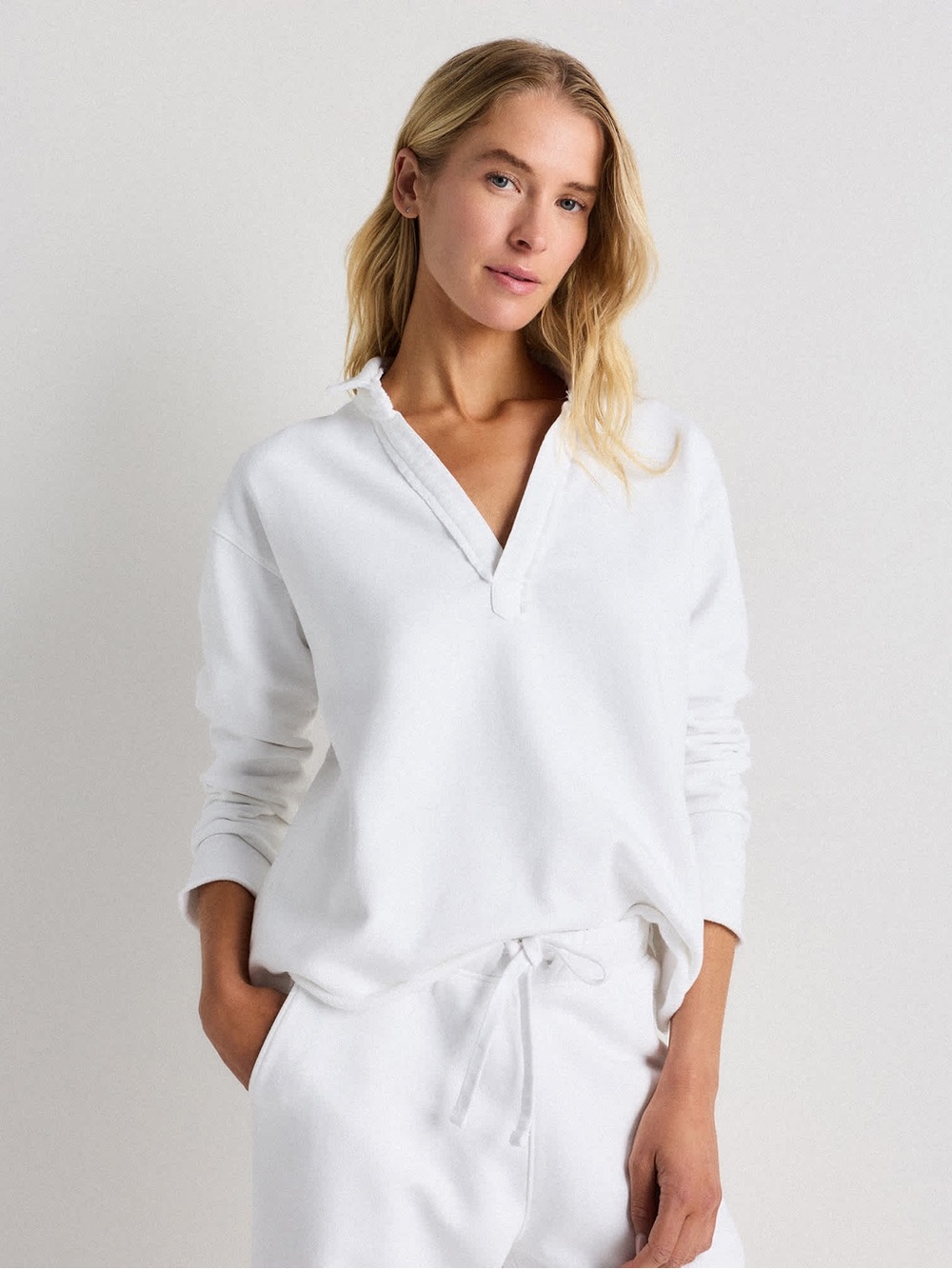 Women's White Pullover Shirt with V-Notch Collar